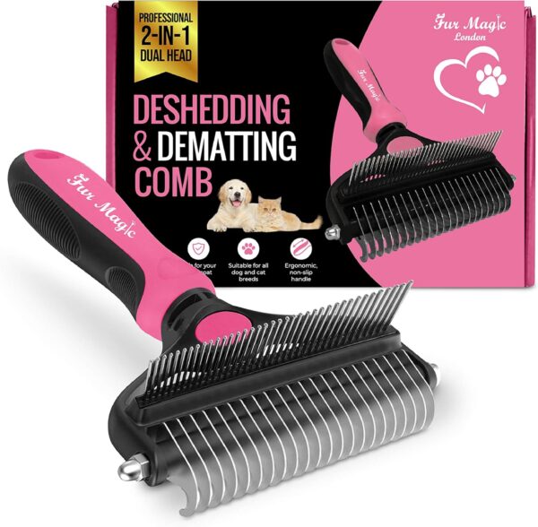 Fur Magic Deshedding and Dematting Comb Double Sided Undercoat Rake Pet Grooming Brush Removing Mats, Knots & Tangles for Dogs and Cats with Long and Medium Hair, Pink