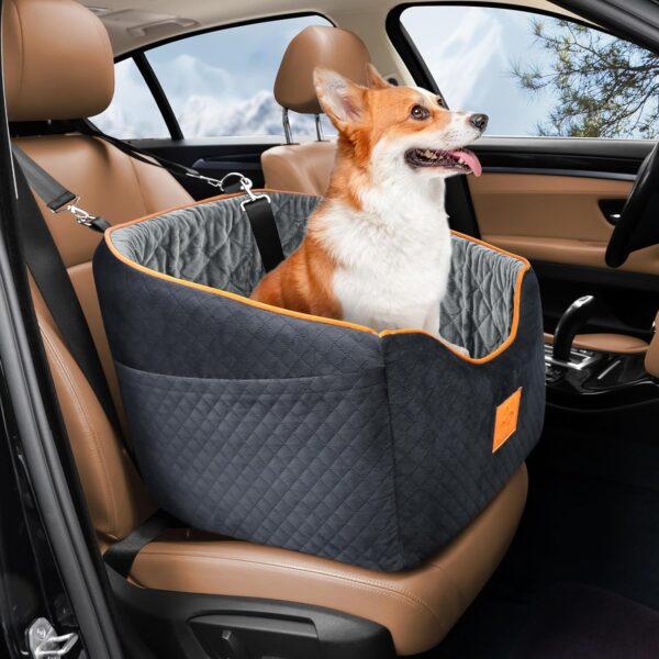 GL GLENSLAVE Dog Car Seat for Small Medium Dogs, Memory Foam Booster Dog Seat for Dogs up to 35 lbs, Elevated Pet Car Seat, Travel Safety Car Seat with Washable Cover, Storage Pockets (Black/Grey)