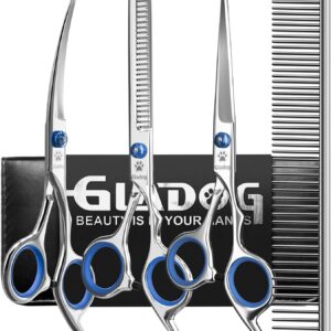 GLADOG Professional Grooming Scissors for Dogs with Safety Round Tips, 4 in 1 Dog Grooming Scissors Set, Sharp and Durable Pet Grooming Shears for Dogs and Cats