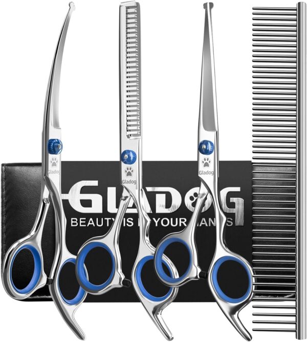 GLADOG Professional Grooming Scissors for Dogs with Safety Round Tips, 4 in 1 Dog Grooming Scissors Set, Sharp and Durable Pet Grooming Shears for Dogs and Cats