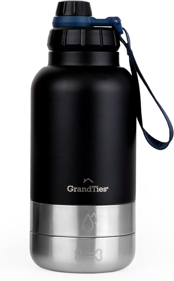 GrandTies Insulated Portable Dog Water Bottle with 2 Detachable Dog Water Bowl Dispenser | Leak-Proof Dog Food Travel Container | Dog Accessories for Dogs Walking, Hiking, Camping (32oz, Matte Black)