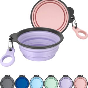 Heouvo Collapsible Dog Bowls with Bottle Carrier, 2 Pack Travel Dog Water Bowl with Upgraded Carabiner, One-piece Molded Rim No Fall Off or Crack (Pink/Violet, Small(Pack of 2))