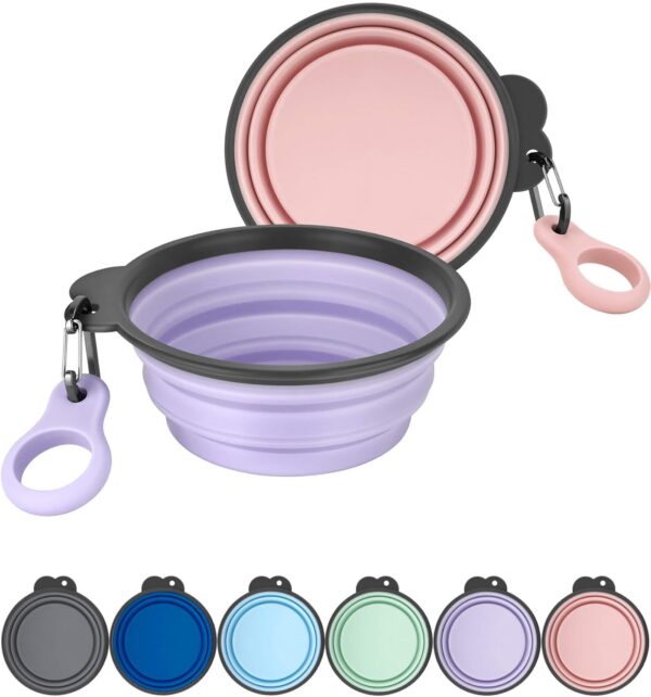 Heouvo Collapsible Dog Bowls with Bottle Carrier, 2 Pack Travel Dog Water Bowl with Upgraded Carabiner, One-piece Molded Rim No Fall Off or Crack (Pink/Violet, Small(Pack of 2))