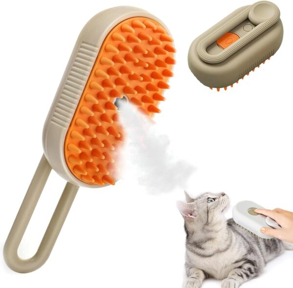 Jastown Cat Steam Brush, Steamy Cat Brush for short haired cats,3 in1 Pet Steam Brush for Dogs & Cats,Multifunctional Cat Grooming Brush, Pet Massage Comb, Pet Hair Removal Comb (Brown with handle)