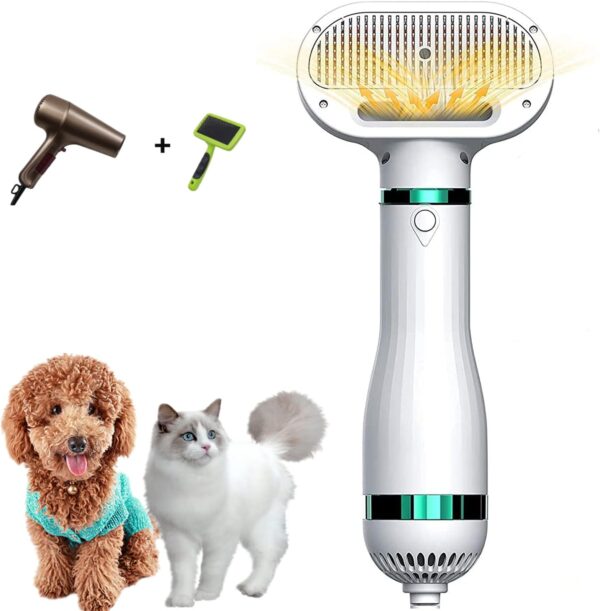 Kikuo Pet Dog Hair Dryer Comb, Upgraded 2-in-1 Pet Grooming Hair Dryer with Slicker Brush, One-Click Hair Removal, 3 Heat Settings, Portable Low Noise Blower Dryer for Dog Cat Clean Fur & Dirt