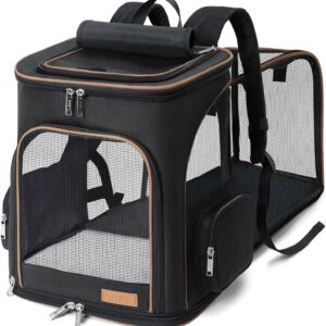 Lekesky Expandable Cat Carrier Backpack - Portable Breathable Rucksack for Medium and Small Cats & Dogs, Foldable with Inner Escape-proof Leash and Pet Mat, Supports 20 lbs (Black)