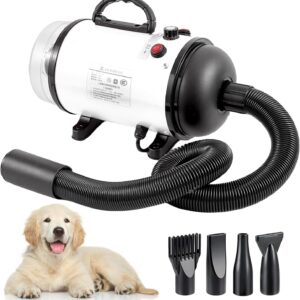 Memows Dog Hair Dryer, 2800W Pet Grooming Hair Dryer, Stepless Speed Dog Blaster Dryer, High Velocity Pet Dryer Blower with 4 Different Nozzles, Low Noise Hair Dryer for Dogs Cats Pets (White)