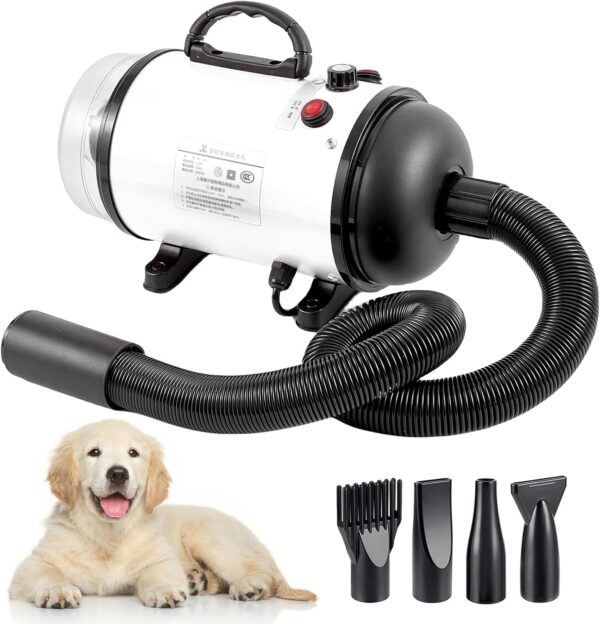 Memows Dog Hair Dryer, 2800W Pet Grooming Hair Dryer, Stepless Speed Dog Blaster Dryer, High Velocity Pet Dryer Blower with 4 Different Nozzles, Low Noise Hair Dryer for Dogs Cats Pets (White)