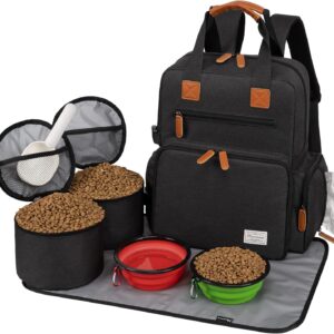 Modoker Dog Travel Bag, Airline Approved Backpack for Pet Accessories Organizer, Tote Weekend Bag with 2 Dog Food Storage Containers, 2 Collapsible Dog Bowls, 1 Pet Mat, Black