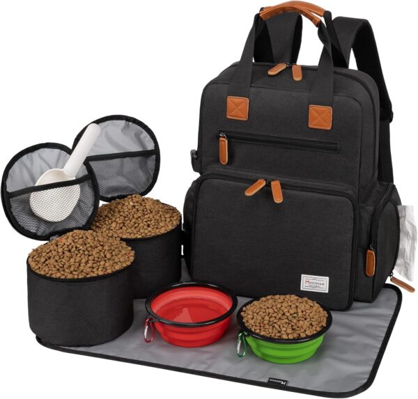 Modoker Dog Travel Bag, Airline Approved Backpack for Pet Accessories Organizer, Tote Weekend Bag with 2 Dog Food Storage Containers, 2 Collapsible Dog Bowls, 1 Pet Mat, Black