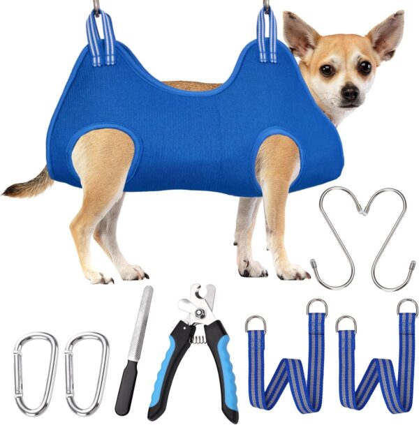 OVTEXZOG Dog Grooming Hammock Harness, Dog Sling for Nail Clipping/Trimming,Pet Grooming Restraint Bag with Nail Clippers Trimmer,Dog Grooming Supplies Kit for Claw Care (XX-Small 8LB Max/Blue)