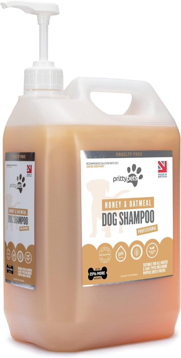 Oatmeal Dog Shampoo PRITTY PETS 5 LITRE Oatmeal Shampoo for Dogs - Professional PH Balanced, Cruelty Free, Silicone & Paraban Free, Puppy Friendly Dog Grooming Shampoo - Made in the UK (5L with Pump)