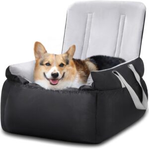 Pecute Dog Car Seat for Small Dogs or Cats, Plush & Cosy Pet Car Booster Seat with Storage Pocket, Car Dog Bed with Safety Leash & Non-Slip Base, Dog Travel Bed