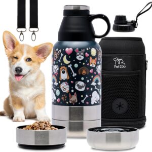 Pet2Go Dog Travel Water Bottle (32 oz) & Treat Set with Portable Collapsible Bowls, On-The-Go Hydration Dispenser Kit, Essential Dog Walking Accessories, Outdoor Dog Beach Gear (Grey)