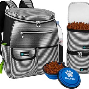 PetAmi Dog Travel Bag Backpack, Airline Approved Dog Bags for Traveling, Puppy Diaper Bag Supplies, Pet Camping Essentials Hiking Accessories Dog Gift, Food Container, Collapsible Bowls, Stripe Black