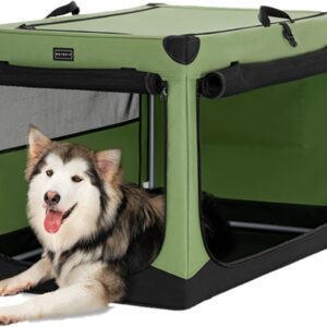 Petsfit Collapsible Dog Crate, Adjustable Fabric Cover by Spiral Iron Pipe, Chew Proof 3 Door Design Extra Large Dog Crates 100 cm L x 64 cm W x 63 cm H Green