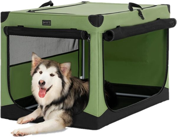 Petsfit Collapsible Dog Crate, Adjustable Fabric Cover by Spiral Iron Pipe, Chew Proof 3 Door Design Extra Large Dog Crates 100 cm L x 64 cm W x 63 cm H Green