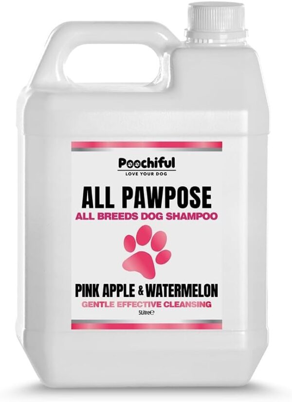 Poochiful All Pawpose Dog & Puppy Shampoo - 5 Litres. Suitable for All Breeds & Coat Types from 8 Weeks Old, Mild and Gentle, pH Balanced, with Added Conditioner, Pink Apple & Watermelon Scent.