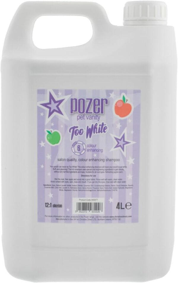 Pozer Too White Dog Shampoo - Whitening Shampoo for Dogs - Deep Cleansing & Colour Enhancing - Brightens White Coats - Enhanced White Tones - Whitening Shampoo - Removes Stains on Coat, 4 Litre