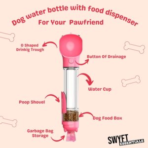 SWYFT Dog Water Bottle, Portable Multifunctional Water Bottle with Food Dispenser, Garbage Collection Bag, Poop Shovel, for Outdoor Walking Travelling Doggy Bottles Leak Proof (Pink, 500ML)