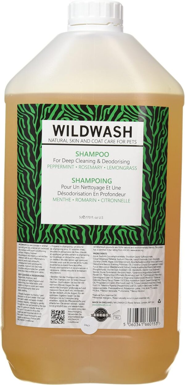 WildWash Deep Clean Shampoo for Dogs 5ltr - Peppermint and Rosemary for Clean Smelling Hair, Eradicates All Odours Even Fox Poo - Natural, Sulphate and Paraben-Free for Sensitive Skin