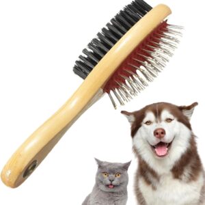 Wooden Dog Brush for Grooming Double Sided Pet Hair Grooming Brushes Shedding Messaging & Cleaning 2 in 1 Pin & Bristle Soft Dogs Comb Brush for Dogs & Cat Long or Short Haired