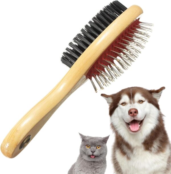 Wooden Dog Brush for Grooming Double Sided Pet Hair Grooming Brushes Shedding Messaging & Cleaning 2 in 1 Pin & Bristle Soft Dogs Comb Brush for Dogs & Cat Long or Short Haired