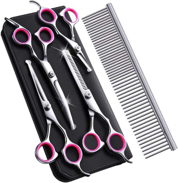 Zwini Pet Grooming Scissors Set 5 in 1 Stainless Steel Pet Trimmer Kit Pet Grooming Scissors Set Hair Care for Dog Cat With 7.5-inch Cutting Scissors Thinning Shear Curved Scissors Grooming Comb