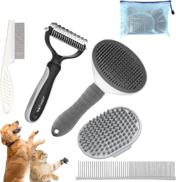 WOPQAEM 5 in 1 Dog Grooming Kit, Self-Cleaning Slicker Brush for Dogs & Cats, Shedding Brush for Short & Long Haired Pets. Includes Comb, Flea Comb, Bath Brush, Undercoat Rake - Grey