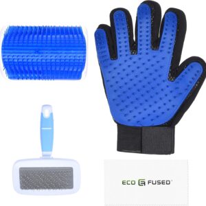 Eco-Fused Brush Kit for Cats - 1x Cat Self Groomer, 1x Blue Slicker Brush, 1 Pet Grooming Glove (Right Hand) - Long and Short Fur - DIY Grooming Tools for Pets - Pet Mitt, Wide Comb and Corner Groomer