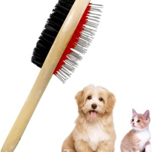 Dog Brush Double Sided Wooden Dog Brushes for Grooming Messaging & Cleaning 2 in 1 Pin & Bristle Soft Pet Hair Brush for Dogs & Cat Long or Short Haired