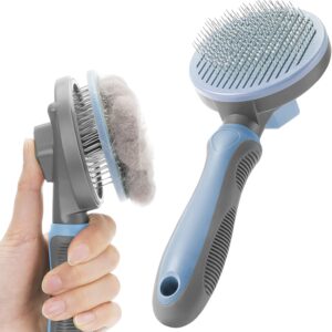 Dog Brush Cat Brush, Self Cleaning Dog Brushes for Grooming, Dog Cat Comb with Handle for Short / Long hair, Pet Brush with Self Cleaning Button for Removing Undercoat, Loose Fur & Dirt - Grey