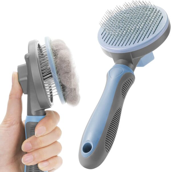 Dog Brush Cat Brush, Self Cleaning Dog Brushes for Grooming, Dog Cat Comb with Handle for Short / Long hair, Pet Brush with Self Cleaning Button for Removing Undercoat, Loose Fur & Dirt - Grey