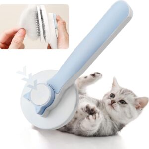 FuninCrea Dog Grooming Brush Cat Hair Brush, Self Cleaning Slicker Dog Brush with Smooth Handle for Long Hair & Short Hair, Stainless Steel Bristles Pet Hair Remover for Pet Massage (Blue)