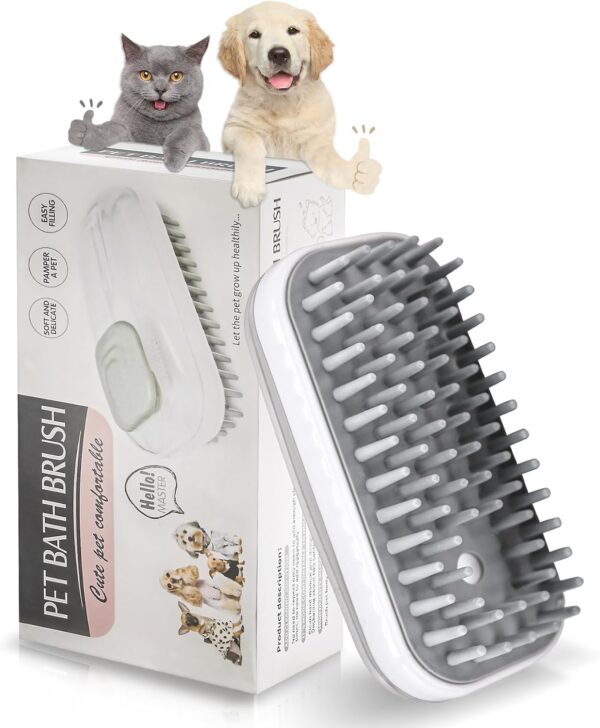 Uoking Pet Bath Brush with Shampoo Dispenser - Soft Silicone Dog Massage Brush for Effortless Grooming and Cleaning - Dog Bath Brush and Scrubber for Long and Short-Haired Dogs and Cats - Grey