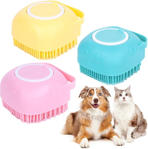 Dog Cat Bath Brush, 3Pcs Soft Silicone Pet Shampoo Bathing Brush Pet Grooming Soothe Massage Brush with Shampoo Dispenser for Long Short Haired Dogs and Cats