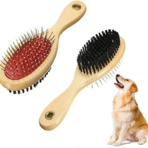 Wooden Dog Brush - Multifunctional Cat/Dog Brush, Double Sided Pet Hair Grooming Brush with Rounded Pins, Cat Brush, 2 in 1 Grooming Tools for Long and Short-haired Dogs or Cats - S