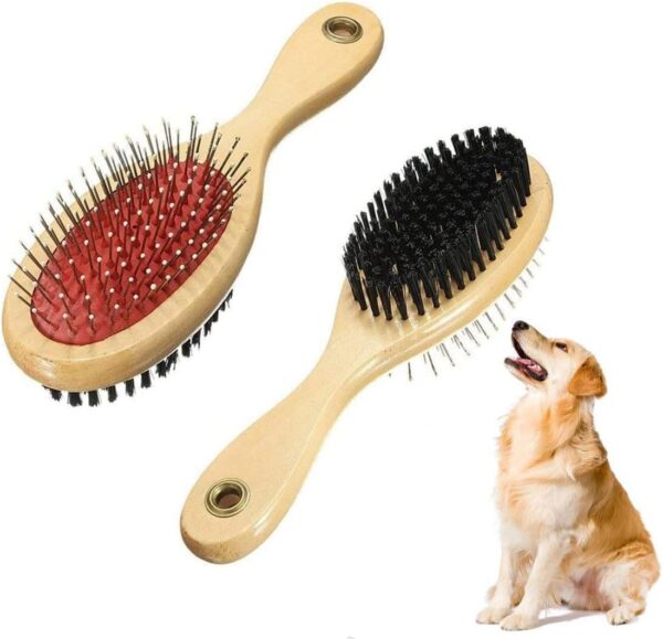 Wooden Dog Brush - Multifunctional Cat/Dog Brush, Double Sided Pet Hair Grooming Brush with Rounded Pins, Cat Brush, 2 in 1 Grooming Tools for Long and Short-haired Dogs or Cats - S