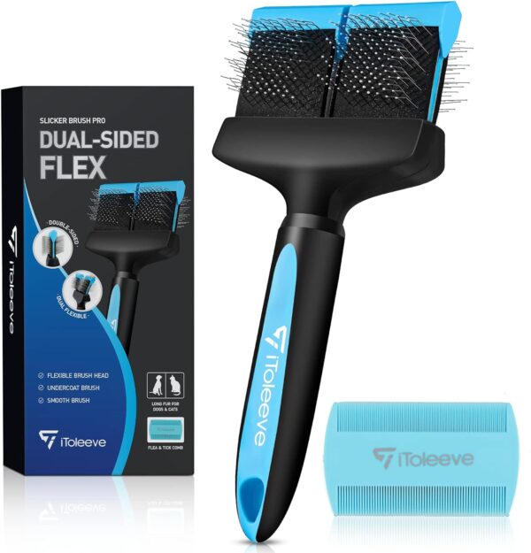 iToleeve Dual Flex Slicker Dog Brushes for Grooming, Detangling for Long Hair, Removes Undercoats, Knots, Ideal for Sensitive Dogs and Cats - Pet Brush and Comb