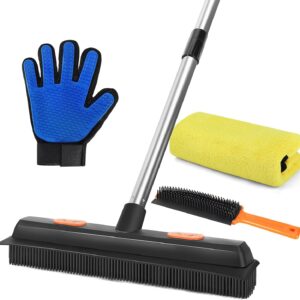 CityMoka Pet Hair Remover Rubber Broom, 2 in 1 Fur Remover Broom with Squeegee, Carpet Rake Brush, Pet Grooming Gloves, Carpet Rake for Pet, Fluff Carpet, Hardwood Floor, Tile, Window