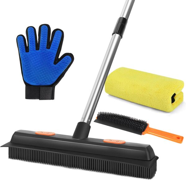 CityMoka Pet Hair Remover Rubber Broom, 2 in 1 Fur Remover Broom with Squeegee, Carpet Rake Brush, Pet Grooming Gloves, Carpet Rake for Pet, Fluff Carpet, Hardwood Floor, Tile, Window