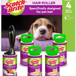 Scotch-Brite Extra Sticky Lint Roller, Works Great on Pet Hair, 5 Rolls (48 Sheets Per Roll, 240 Total Sheets), Purple/White