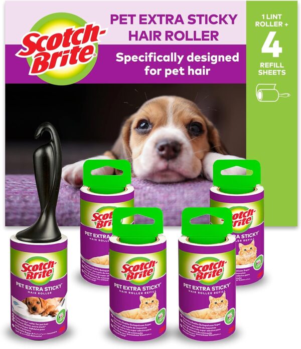 Scotch-Brite Extra Sticky Lint Roller, Works Great on Pet Hair, 5 Rolls (48 Sheets Per Roll, 240 Total Sheets), Purple/White