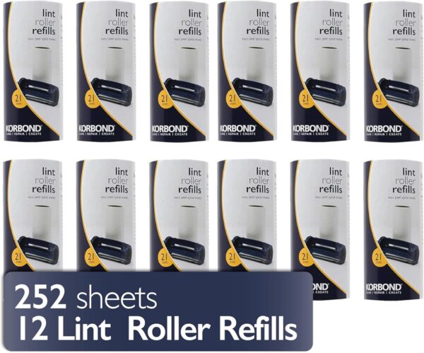 Korbond 12 Pack of Lint Roller Refills - 252 Pre-Cut Sticky Sheets - for ALL Fabric Types - Lint Rollers, Pet Hair Remover, Lint Roller Refills, Dog and Cat Hair Remover, Lint Removers for Clothes