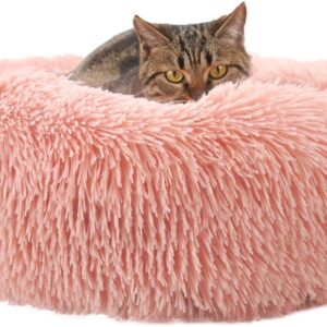 Enjamoy Plush Donut Dog Bed, Calming Round Dog Cat Bed Soft and Fluffy Cuddler Pet Cushion Self-Warming Puppy Beds Machine Washable, Pink 50cm