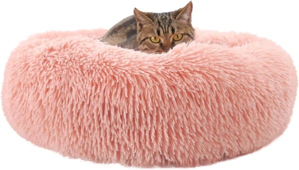 Enjamoy Plush Donut Dog Bed, Calming Round Dog Cat Bed Soft and Fluffy Cuddler Pet Cushion Self-Warming Puppy Beds Machine Washable, Pink 50cm