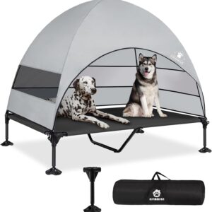 Elevated Dog Bed with 2024 Newest Canopy, Raised Outdoor Dog Bed with Powerful Anti-Slip Feet, Portable Pet Bed Cot with Larger Shade, Raised Large Dogs Cooling Bed for Camping, Indoor & Outdoor