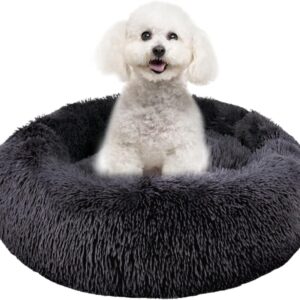 Donut Dog Bed Small Washable - Round Calming Pet Cuddler Relief Anti Anxiety - Plush Fluffy Cat Cushion Anti-Slip Bottom Orthopedic for Kitten - Soft Luxury Puppy Kennel Faux Fur Improved Sleep 50cm