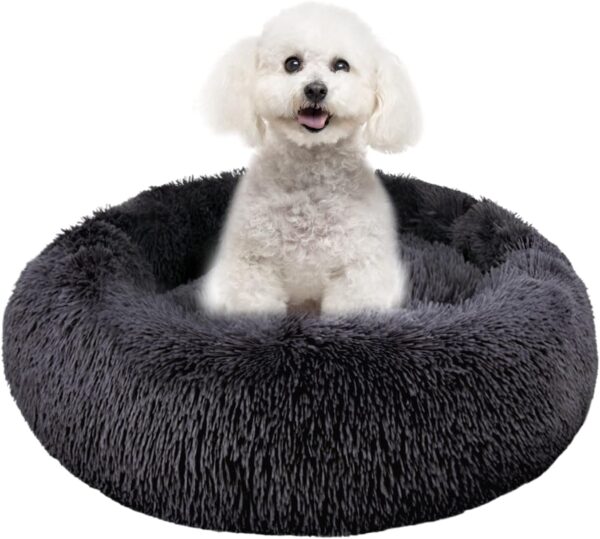 Donut Dog Bed Small Washable - Round Calming Pet Cuddler Relief Anti Anxiety - Plush Fluffy Cat Cushion Anti-Slip Bottom Orthopedic for Kitten - Soft Luxury Puppy Kennel Faux Fur Improved Sleep 50cm