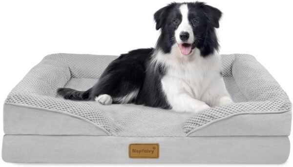 Nepfaivy Dog Bed Large Waterproof - Orthopedic Dog Bed with Pillow Cushions, 91×68cm Soft Large Dog Sofa Bed with Removable and Washable Covers, Light Grey